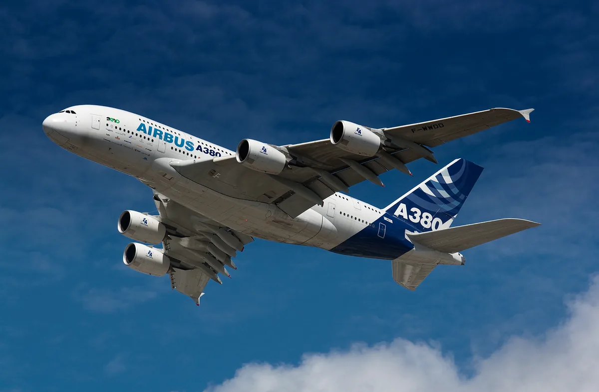 Representative Airbus A380 seen from below in flight.