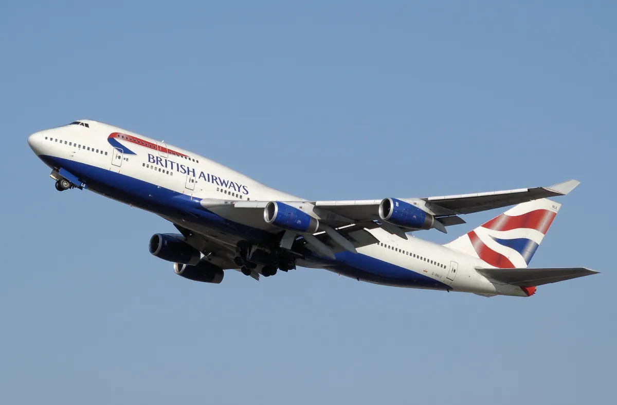 Representative Boeing 747-400 in British Airways colors climbing after takeoff.