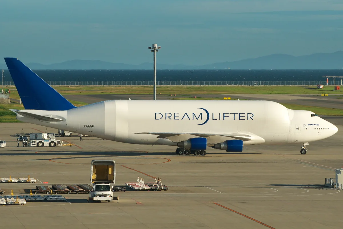 Representative Boeing Dreamlifter on an airport apron, showing its enlarged cargo fuselage.
