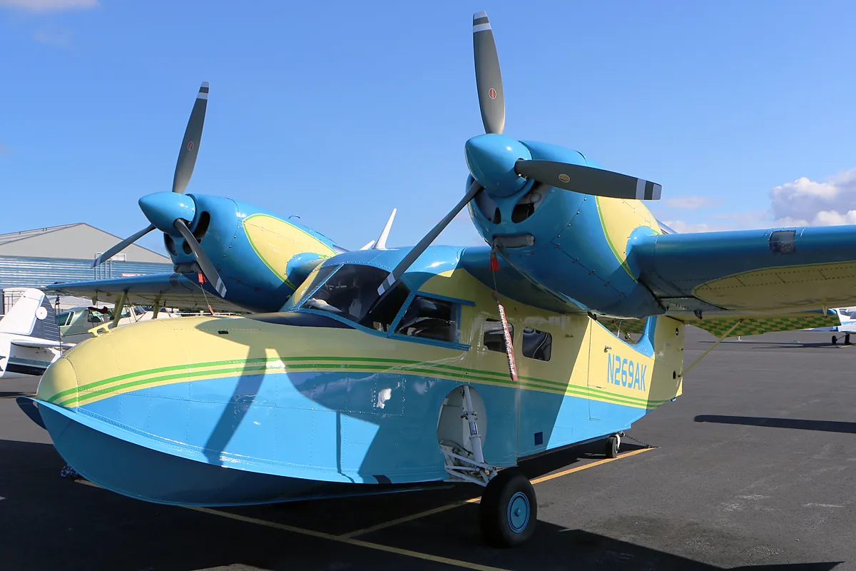 Representative Grumman G-44A Widgeon amphibian parked on an airport apron, viewed from the front.